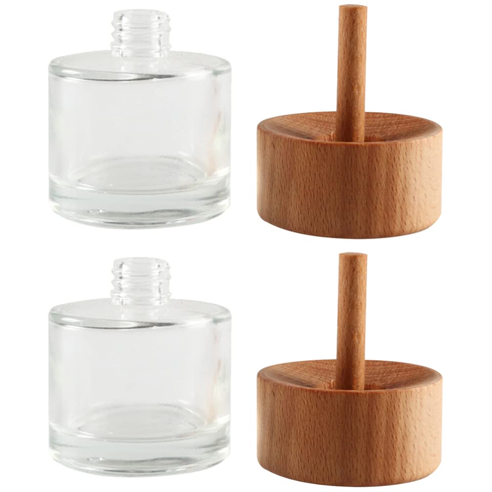 KALLORY 2pcs Glass Reed Diffuser Bottle Glass Clear Bottle Empty Refillable Fragrance Diffuser Jars Essential Oils Containers with Wood Cap for DIY Replacement Reed Diffuser Gift Sets