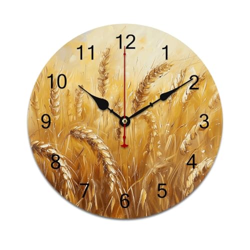 Horloge murale en PVC à image de champ de blé doré, design épuré 25,4 cm