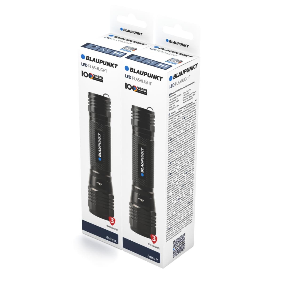 Blaupunkt Linterna LED - Linterna ultrabrillante de 1600 lúmenes, 10 horas de funcionamiento, 3 modos, zoom, aluminio resistente al agua IPX4. Luz de búsqueda táctica para camping, emergencia (6 pilas