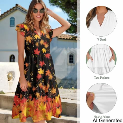 Image of Womens Summer Dress Ruffle Sleeve V Neck Dress Casual Fit Flowy Beach Vacation Sundress with Pocket S-2XL