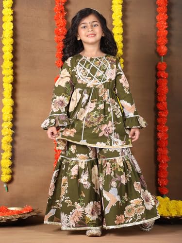 Image of superminis Girls Cotton Floral Printed Gotta Work Full Sleeves Kurti and Matching Sharara Ethnic Wear Set