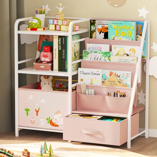 Image of BBLIKE Kids Bookshelf and Toy Storage Organizer - 4 Tier Book Shelf with Movable Toy Box for Kids Rooms, Ideal Bookcase and Toy Organizer for Playroom, Bedroom, Nursery（Pink）