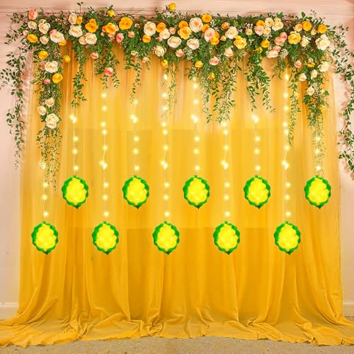 Image of Party Propz Yellow Backdrop for Decorations with Ganpati Curtain Lights, Haldi Decoration Items for Home Decor, Backdrop Cloth for Decoration Pooja, Wedding Decor (3Pcs)(Net)