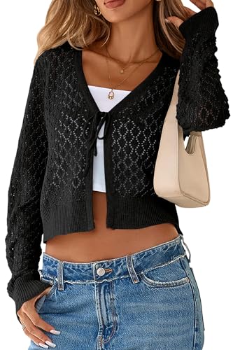 SimpleFun Black Cropped Cardigan for Women Lightweight Long Sleeve Cute Shrugs Sweater for Teen Girls Black M