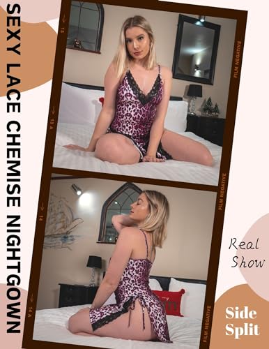 Image of Avidlove Women's Lingerie Sexy Nightgown Milk Silk Sleepwear Lace Babydoll Chemise Side Slit Nightie with Thong