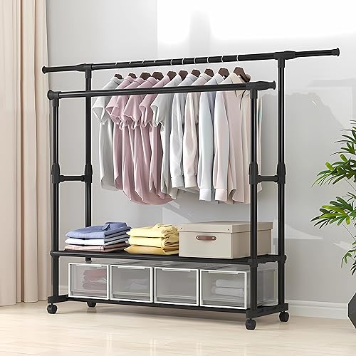 Image of Simple Trending Standard Clothing Garment Rack,Rolling Clothes Organizer with Wheels and Bottom Shelves,Extendable (A-1)