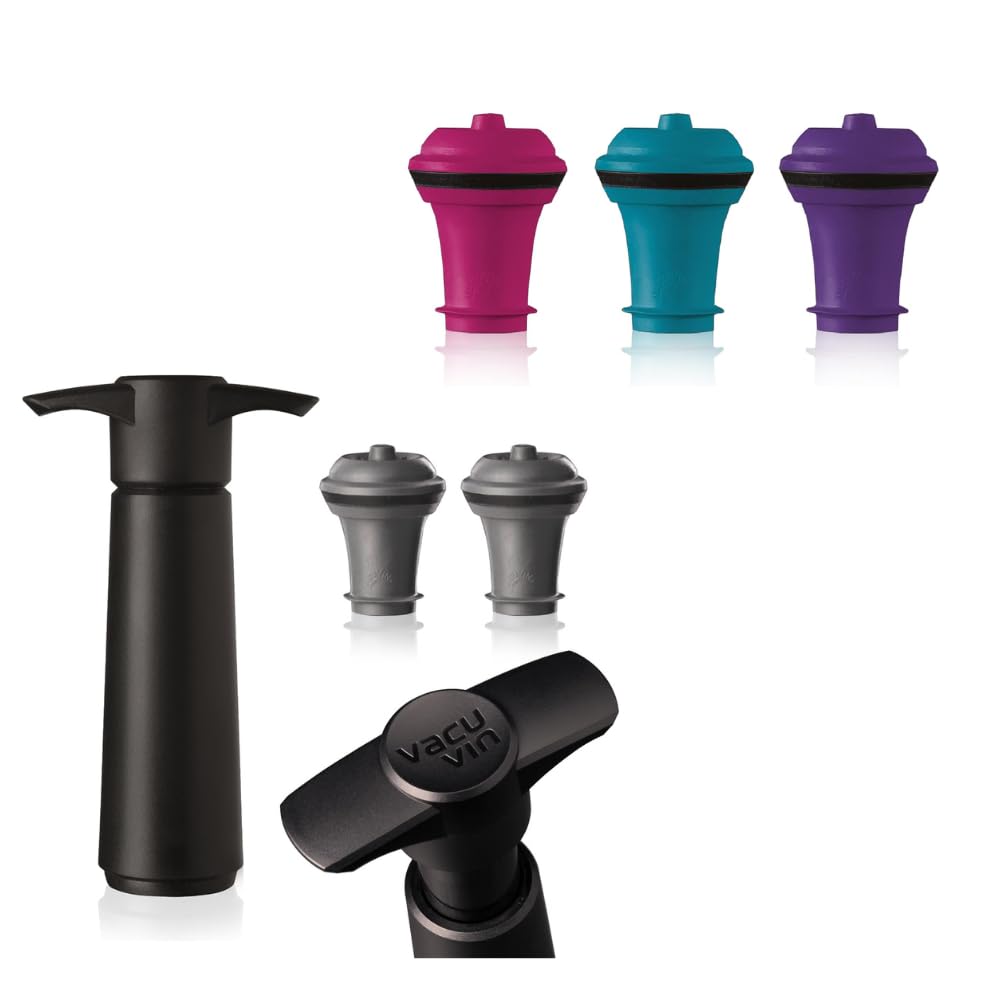 Vacu Vin 09814606 Weinpumpe schwarz mit 2 Stopfen & 08850606 Ersatzstopfen farbig 3-er Set
