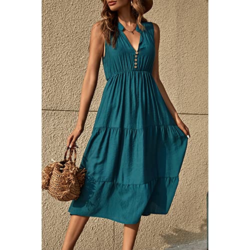 Image of BROVAVE Womens 2026 Summer Sleeveless Shirt Dress Collar Striped V Neck Casual Midi Dresses