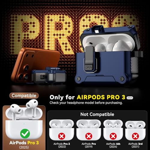 Image of Inesore for AirPods Pro 3 Case with Secure Lock (Dark Blue) | Phone Stand Design,Compatible with MagSafe,Automatic Snap Switch Secure Cover with Cleaner Kit & Keychain