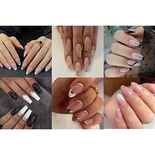 6 Packs (144Pcs) Press On Nails Long French Design, Rhinestone, Shiny , Flash Powder, Simple White Edge, Black Glitter, Leopard Print, Long Fake Nails Almond Square French Glue On Nails Set With 3 Sheet 5D Exquisite Flower Nail Art Sticker, Nails For Women And Girls #TOP6