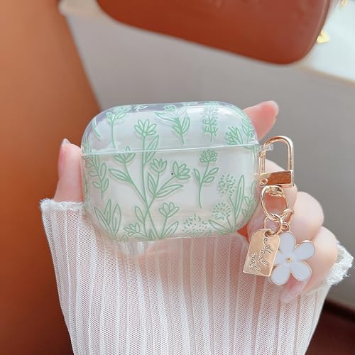 Image of MINSCOSE for AirPods Pro 2nd /1st Generation Clear Case,Cute Flower Floral Aesthetic Design with Floral Keychain, Soft TPU Protective Shockproof Case for Women Girl for Airpods Pro /Pro 2-Green