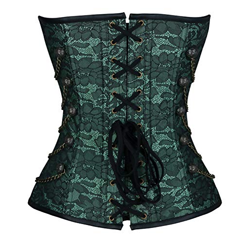 Image of Charmian Women's Steel Boned Steampunk Gothic Bustier Corset with Chains | Overbust Corset, Premium Brocade & Leather, Clasp Closure, Lace-up Back