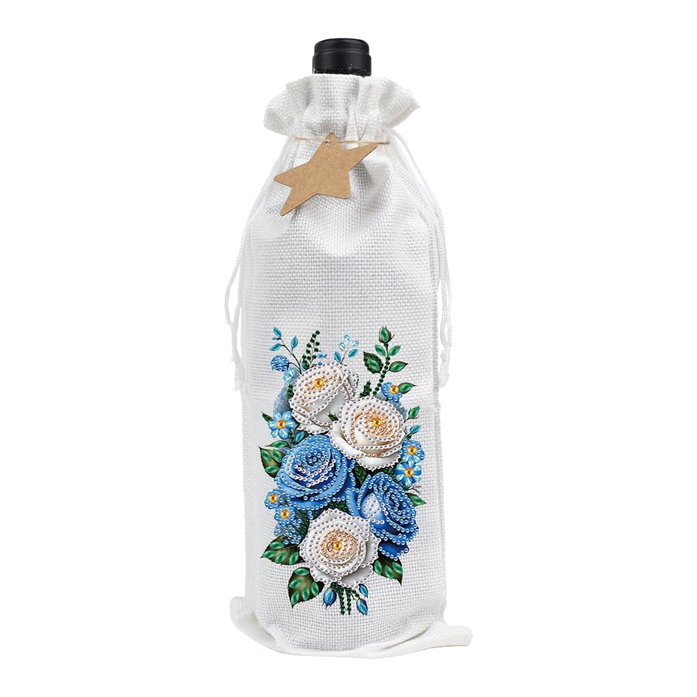 Diamond Art Wine Bottle Bag DIY Burlap Gift Bag with Drawstring Sparkling Rhinestone Decor for Christmas Wedding Party Champagne Wine Bottle Cover(Bouquet)