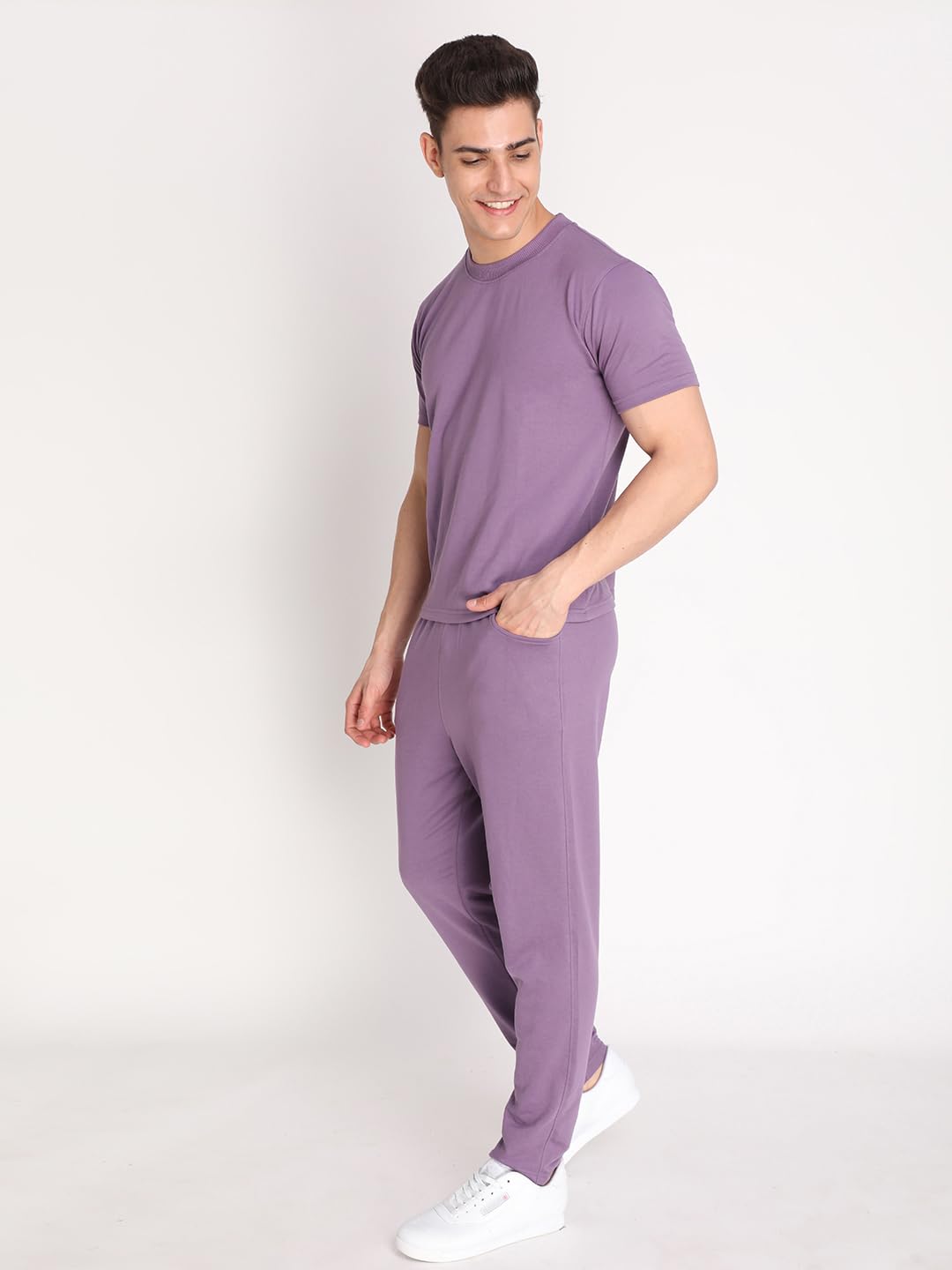 CHKOKKO Men Cotton Solid Casual Summer Wear Coords Stylish Gents Cord Set Half Sleeves Latest Track Suit Round Neck Western Co-Ord Track Pant And T-Shirt Set Purplee Xl 4