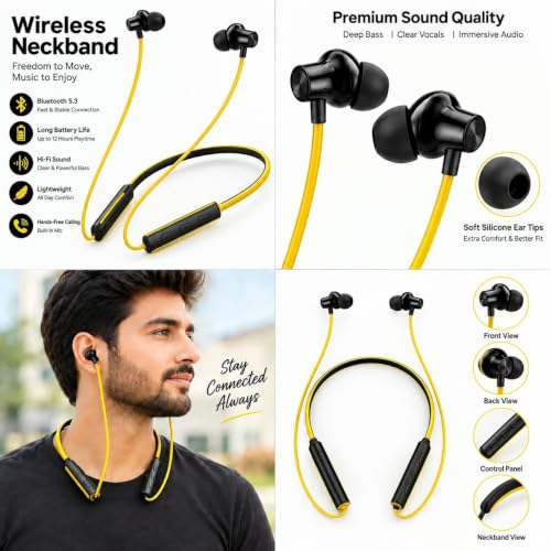Image of Casora Wireless Neckband Bluetooth Headphones with Built-in Mic, 60H Playtime, IPX5 Water & Sweat Resistant, Bluetooth 5.3, Magnetic Earbuds, Lightweight Neckband Earphones for Sports & Workouts