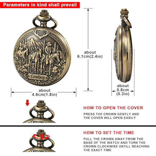 Image of Tiong Vintage Pocket Watch Engraved Cowboy Skull Wolf 3D Pattern Arabic Numerals Quartz Pocket Watch with Chain Best Gifts