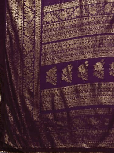 Image of SAMAH Women's Georgette Foil Printed Lace Work Saree with Unstitched Blouse Piece
