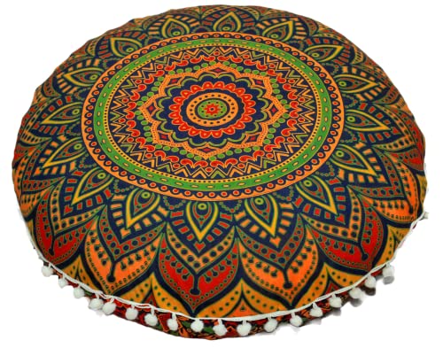 Round Mandala Floor Pillow Cover Seating Cushion Throw Case Hippie Decorative Bohemian Ottoman Pouf Cover, Pom Pom Pillow Cases,Boho Indian 22 Inches (New Blue) - Cosy Home Interiors Round Mandala Floor Pillow Cover Seating Cushion Throw Case Hippie Decorative Bohemian Ottoman Pouf Cover, Pom Pom Pillow Cases,Boho Indian 22 Inches (New Blue) - Image 9
