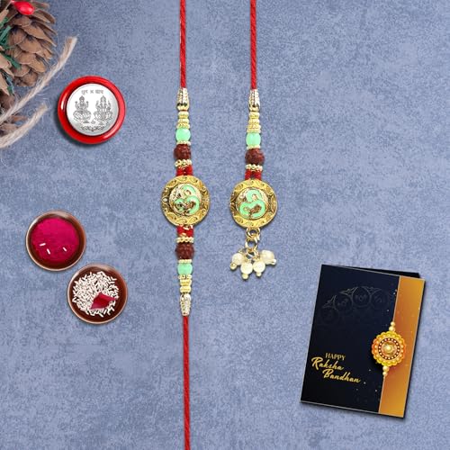 Image of Oblivion Design Lumba Bhabhi Combo Rakhi with Silver Pooja Coin, Greeting Card, Lumba Rakhi for Bhabhi - Rakhi Gift for Bhai & Bhabhi
