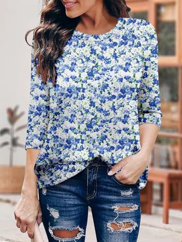 KISSMODA Tunic Tops for Women Loose Fit Dressy Round Neck Pleated 3/4 Length Sleeve Spring Tops