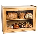 Large Bamboo Bread Box for Kitchen Counter - Double Layer Rustic Bread Storage from Laura’s Green Kitchen - Wooden Box Farmhouse Style Bread Bin with Window - 15.8 Long x 6.8 Wide x 12.2 High Inches