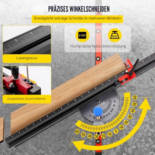 Foto von VEVOR Gehrungslehre Tischkreissäge 450mm, Miter Gauge Lasermakierung, Winkel 60° verstellbar, Präzision Ablängen, Winkelanschlag Holzverarbeitung Zubehör, Gehrungsanschlag, Aluminiumlegierung, 2,2 kg