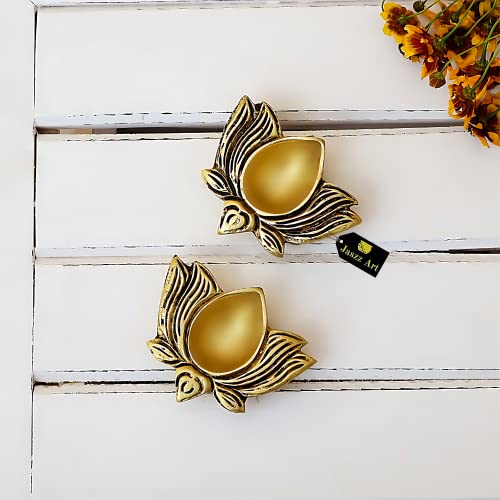 Image of Brass (4 inches and 500g) 4 Side Akhand Small Diya Ethnic Design Handmade Curved Oil Wick Antique Kuber Deepak Lamp for Home Decor Temple Puja Office Decoration Festival Gift (2, Kamal Diya)