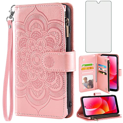 Asuwish Phone Case for Motorola Moto G Power 2022/MotoG Play 2023/G Pure 2021 Wallet Cover with Tempered Glass Screen Protector and Flip Card Holder Cell XT2165DL XT2163DL XT2165-5 XT2271-5 Rose Gold