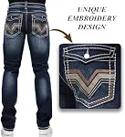 Men's Stretch Denim Jeans Classic Jeans with Embroidered Design, ESDVD Street Style Regular Jeans Relaxed Fit Pants Comfy, Blue, 32 Regular