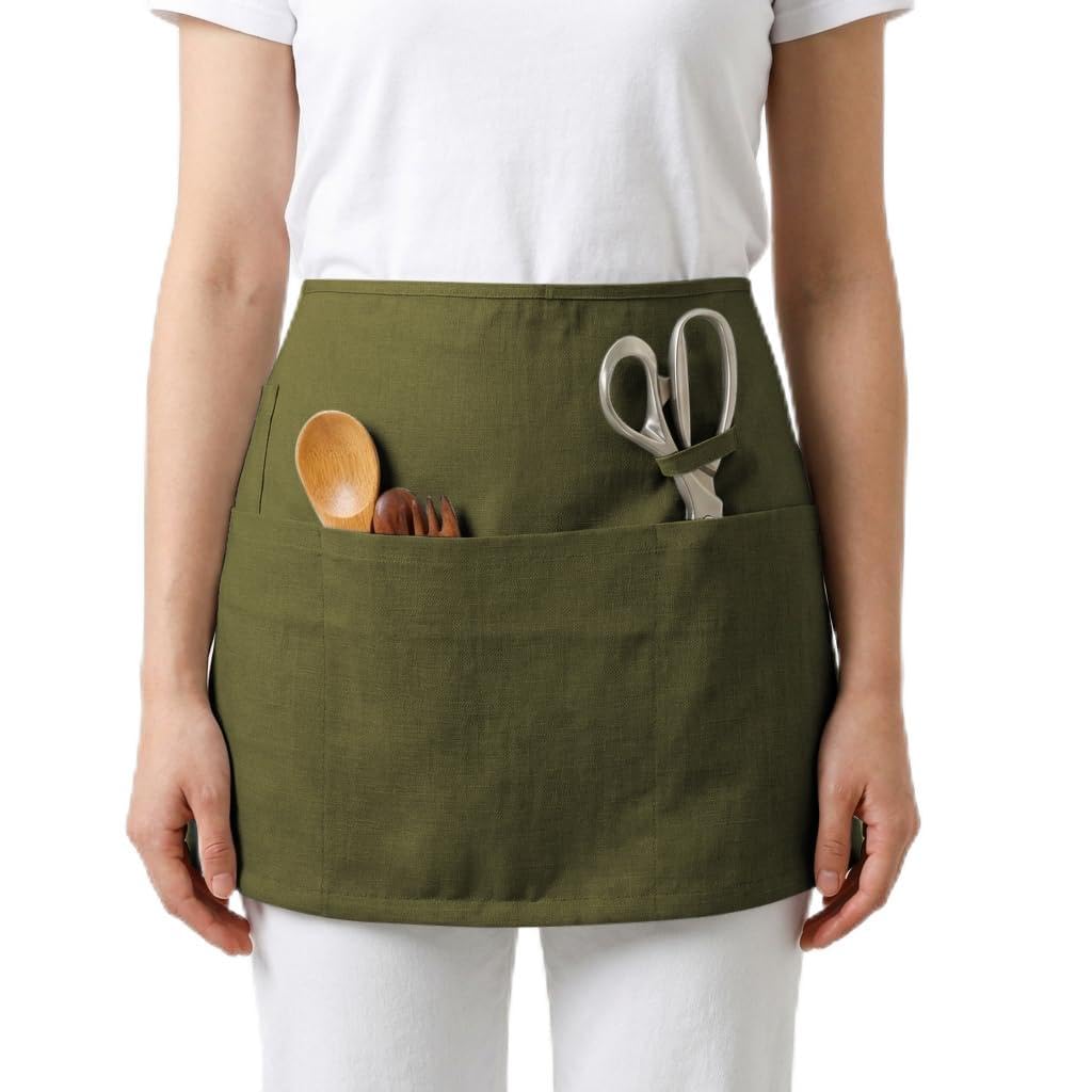 HSOFTIFY 100% Pure Linen Waist Apron, Waitress Half Short Apron with 1 Pocket and 1 Hoop - for Women Men Home Restaurant Chef Kitchen Cleaning Cooking,Army Green