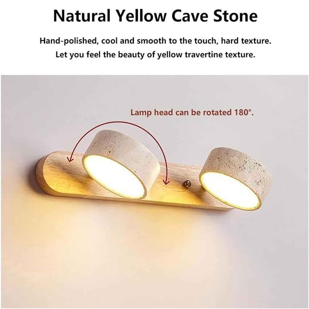 LED Wandleuchte Dimmbar Schlafzimmer Spiegel licht Wabi-Sabi Stil mit Drehbarem Schirm, Wandlampe aus Naturstein Travertin Design für spiegelleuchte schminktisch Flur Lampe (Holz-1, L-32cm)