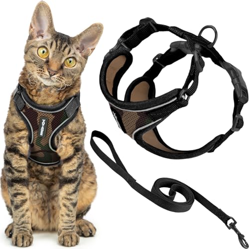 Image of Voyager Escape-Proof Step-in Lock Cat Harness & 5ft Neoprene-Handle Leash Set All-Weather Mesh with Reflective Stitching for Small to Large Cats by Best Pet Supplies, Army (327), XS