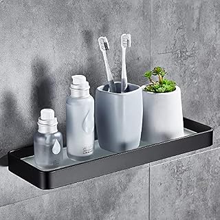 DUFU Shower Shelf No Drilling Self Paste Wall Mounted No Damage Tempered Glass Space Aluminum Rustproof Shower Caddy Storage Basket Shelves Accessories Bathroom Organizer 11.8in Black