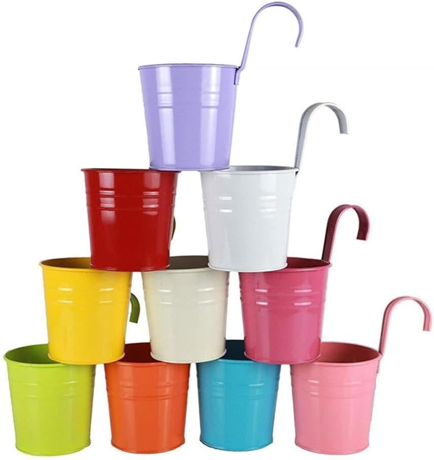 Set of 10 Metal Flower Pots Vase Hanging Planter Basket with Drainage Hole, Hanging Pots/Hanging Plant with Detachable Hook, Flower Bucket Balcony Fence Garden Home Decor (M:8 * 10 * 15.5CM)