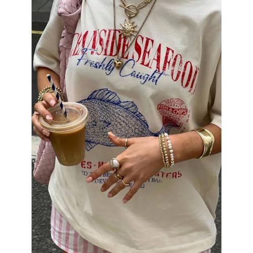 Women Vintage Oceanside Seafood Graphic Letter Print Aesthetics Short Sleeves Oversized Tee T-Shirt4