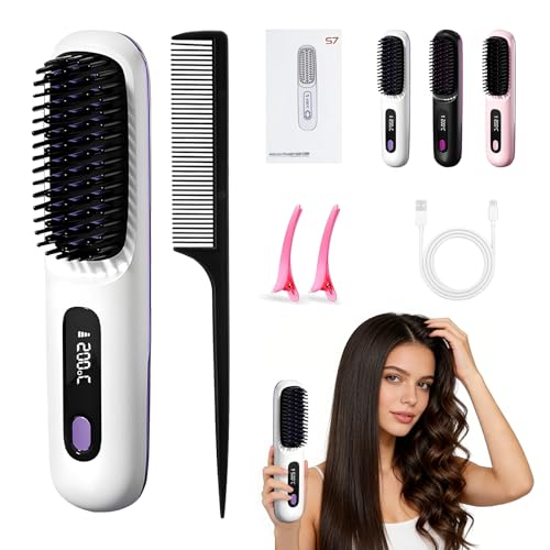 Cefryna Stylingbürste, Stylingbürste für Kurze Haare, Glättbürste Kabellos mit LED-Anzeige, Haarbürste Elektrisch, 3 Temperaturstufen, für Glattes, Lockiges und Trockenes Haar, Tragbar (Weiß)