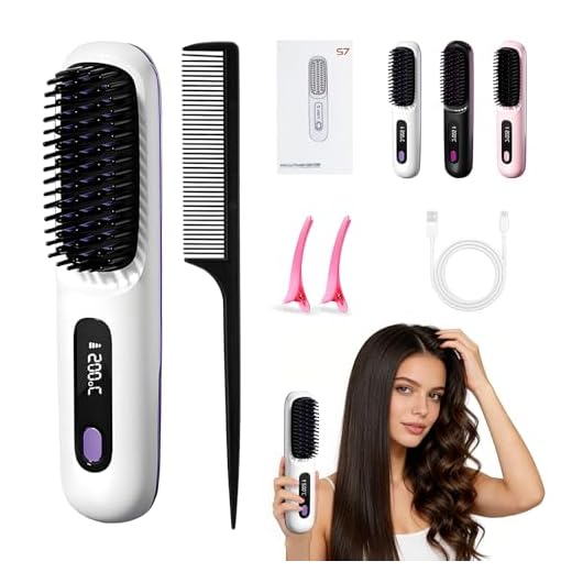 Cefryna Stylingbürste, Stylingbürste für Kurze Haare, Glättbürste Kabellos mit LED-Anzeige, Haarbürste Elektrisch, 3 Temperaturstufen, für Glattes, Lockiges und Trockenes Haar, Tragbar (Weiß)