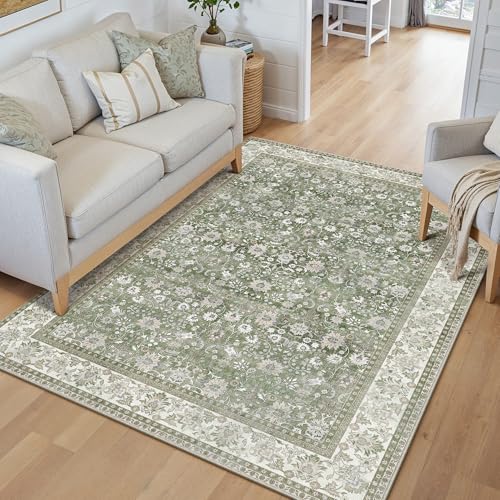 PureCozy Living Room Rug, 120x170 cm Washable Area Rugs for Bedroom, Non Slip Vintage for Kitchen Bedroom Dining Room Home Office, Soft Low Pile Carpet for Indoor Home Decor, Green