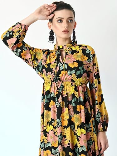 Image of KZULLY | Floral Printed Maxi Dresses for Women | Long Sleeve Beautiful Floral Patterns | Stylish and Elegant Dress | Tie Neck