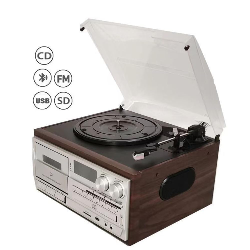 Giradischi Bluetooth 10 in 1 in vinile giradischi, lettore di cassette CD, 33/45/78 giri/min, altoparlanti integrati, pannello di controllo per l'intrattenimento domestico
