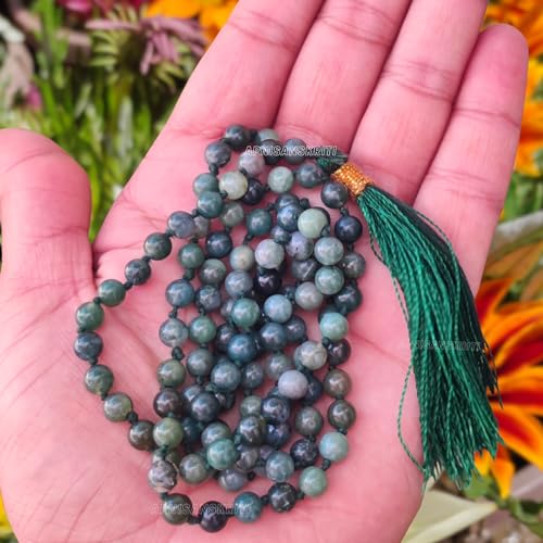 Image of Apnisanskriti Premium Moss Agate Stone Mala for Men and Women (6mm, AAA Quality, Lab Certified, 108+1) - Natural Stone Beads Mala - Green & White Bandings Colour - Pack of 1