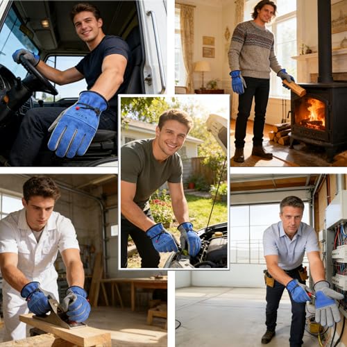 Image of WZQH Leather Work Gloves for Men or Women. X-Large Glove for Gardening, Tig /Mig Welding, Construction, Chainsaw, Farm, Ranch, etc. Cowhide, Soft Lining, Utility, Firm Grip, Durable. Blue-Grey XL
