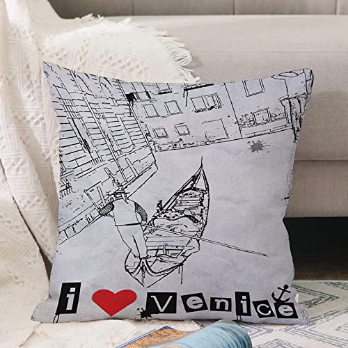 Housses de Coussin, Taie d'oreiller Décoratif en Polyester,Grunge Gondola Silhouette sur le canal vénitien av,Vec Fermeture Glissière Invisible, Housses de Coussin pour Canapé Chaise de Salon 45x45 cm