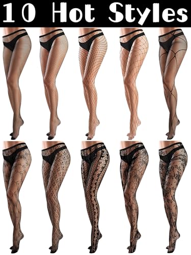 Image of Ramede 10 Pairs Fishnet Tights Women Lace Mesh Stockings High Waist Thigh High Patterned Fish Net Tights