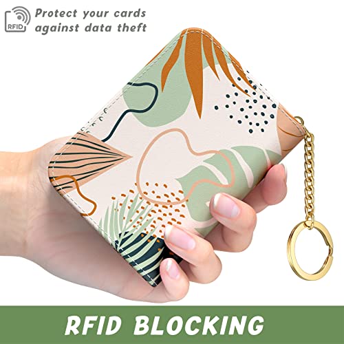 Image of Aiawoxc Credit Card Holder for Women, Small RFID Wallet Slim Leather Card Organizer Case with Zipper and Keychain, Boho Leaves