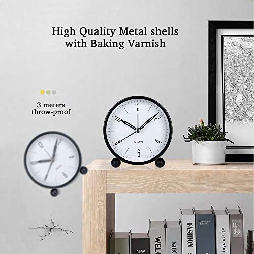 Image of Alarm Clock Bedside Non Ticking Analog Table Clocks 4 Inch Round Battery Operated, Easy Set and Night Light Function, Simple Stylish Design for Desk /Bedroom Gift Clock, Plastic, Black