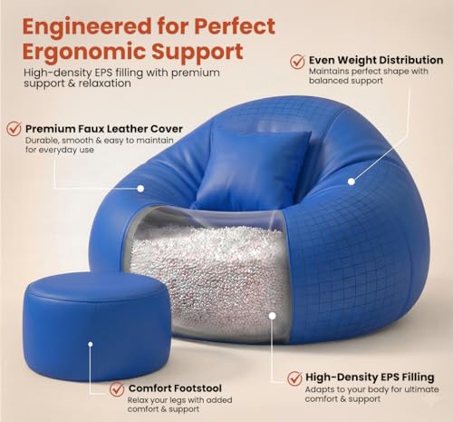 Image of Sattva Classic 5XL Bean Bag Chair with Beans Filled | Sofa Style Faux Leather Beanbags with Footstool & Cushion | Comfortable Bin Bags Sofa for Adults & Teens, Living Room & Office | Royal Blue