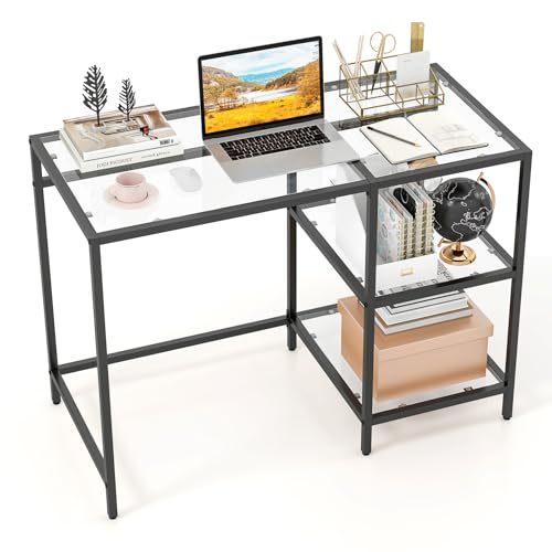 COSTWAY Bureau Informatique en Verre Trempé, Petit Bureau avec Rangement, Table d’Ordinateur Moderne Cadre Métal, Bureau Compact avec avec 2 Étagères,...