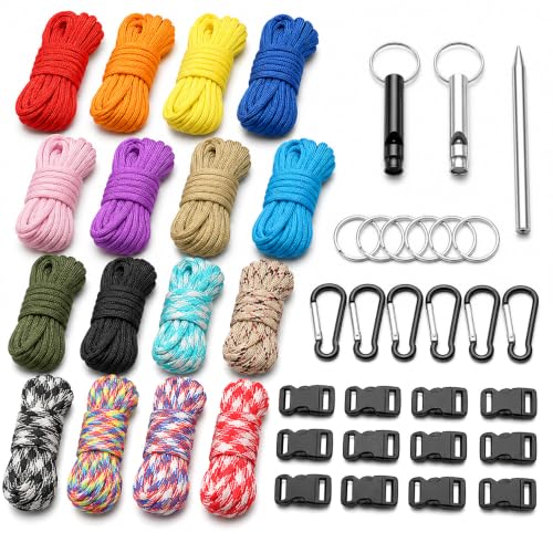 iohsxae 47-Pcs 550 Paracord Kit, 16 Colours Parachute Cord for Bracelet Crafting & Camping