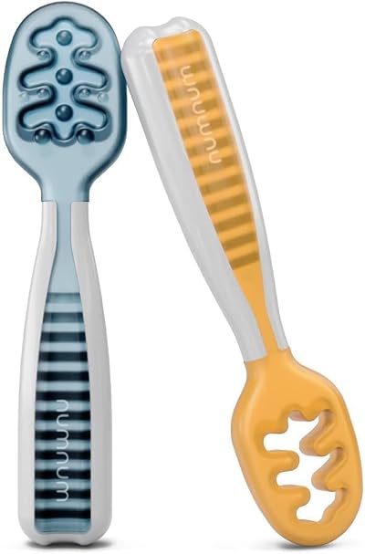 NumNum Pre-Spoon GOOtensils Self Feeding Baby Spoons 2 Pack, Blue/Orange